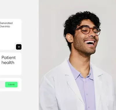 This image successfully blends professional portrait photography with clean, modern user interface design to create a trustworthy and approachable visual. The composition highlights the human element within a highly organized digital context, suggesting accessible and cutting-edge medical services.