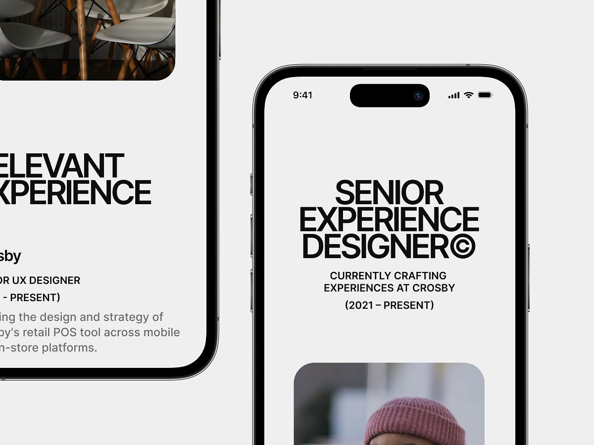 This visual showcases a clean, high-contrast design language using strong typographic hierarchy and ample negative space. The mockups demonstrate proficiency in both light and dark themes, establishing a professional and modern aesthetic suitable for portfolio presentation.