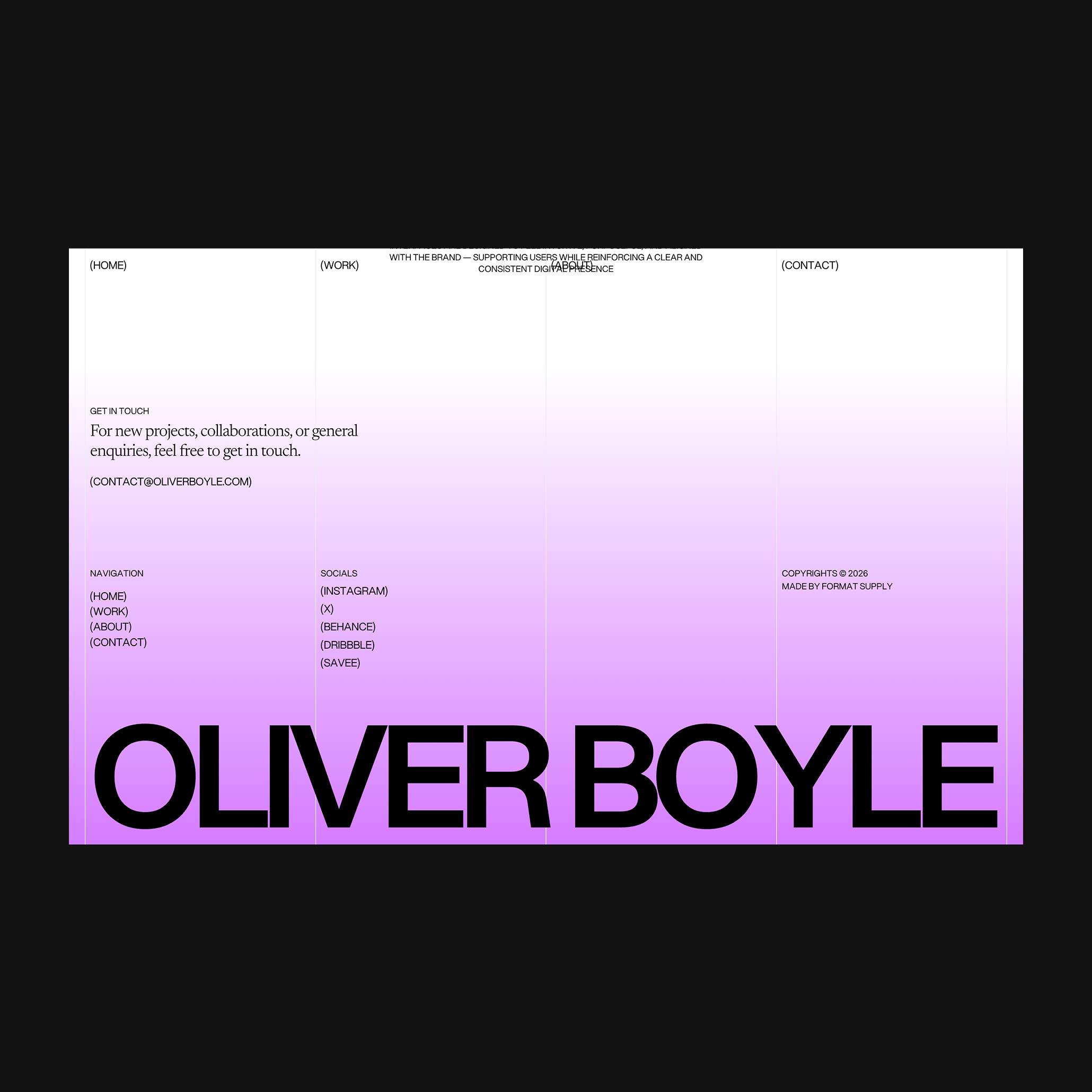 A bold, contemporary portfolio or personal brand website featuring a striking gradient from white to vibrant magenta. The design employs minimalist typography and clean layout with a focus on the prominent name 'OLIVER BOYLE' anchoring the lower portion, creating a modern and professional aesthetic.