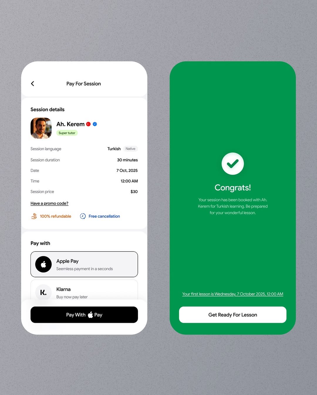 This design features a clean, modern interface utilizing ample white space and a strong accent color to guide the user. The visual language is highly organized, relying on card structures and clear hierarchy to present session details and a prominent call-to-action.