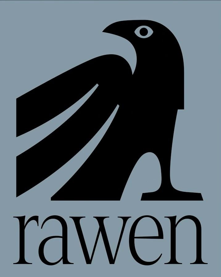 A minimalist logo featuring a stylized black raven in profile against a muted blue-gray background. The design uses bold geometric shapes and negative space to create a striking, modern emblem with the word 'rawen' displayed below in a clean serif typeface.