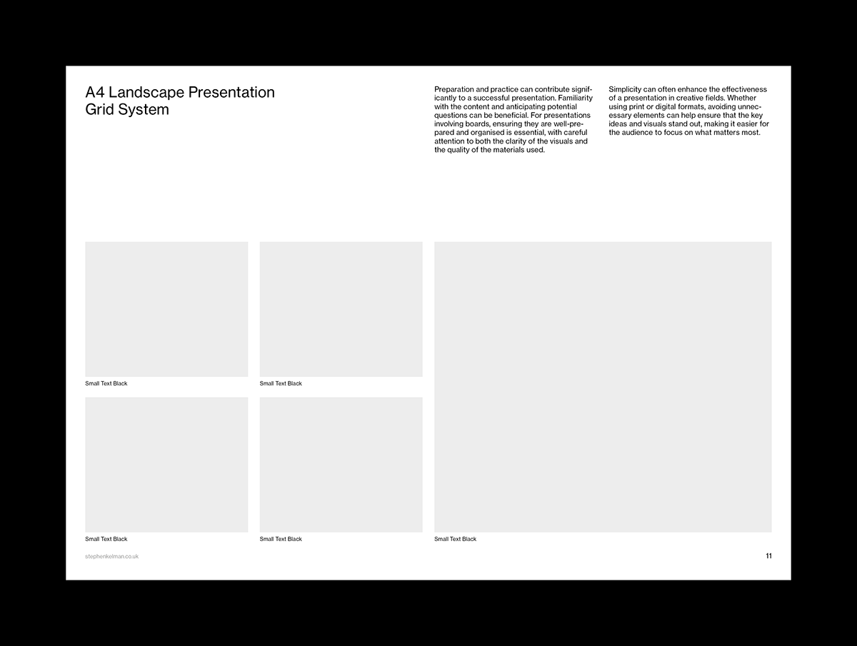This design showcases a highly structured and minimalist approach to presentation layout, emphasizing grid systems and ample negative space. The visual language is clean, professional, and systematic, designed to prioritize clarity and the organization of complex information. The overall feel is academic and highly organized.