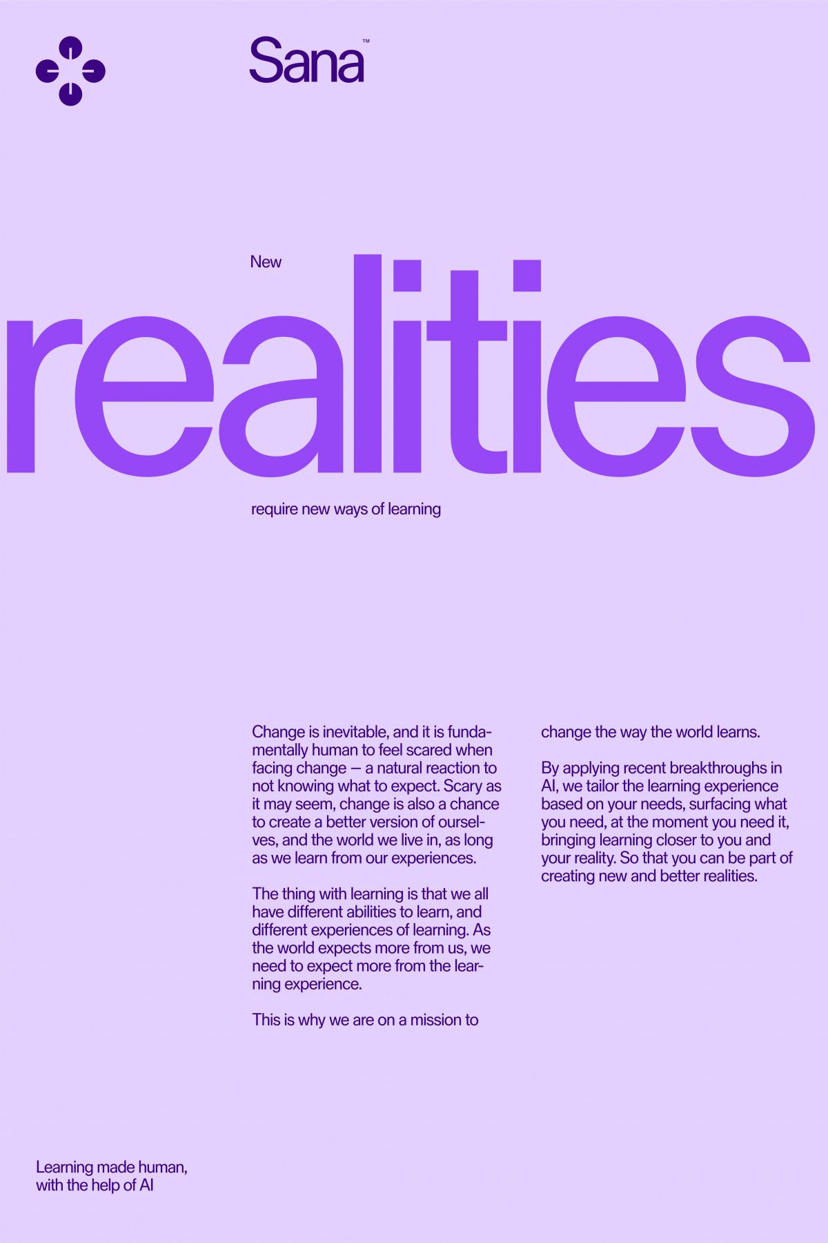 This is a clean, modern promotional design utilizing ample white space and a soft purple palette to convey innovation and trust. The layout is highly structured, relying on strong typographic hierarchy to draw attention to the main concept.