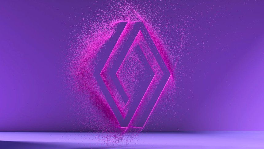 A minimalist neon geometric composition featuring a glowing magenta diamond shape against a deep purple gradient background. The design employs a modern, tech-forward aesthetic with particle effects and atmospheric lighting that creates depth and dimensionality.