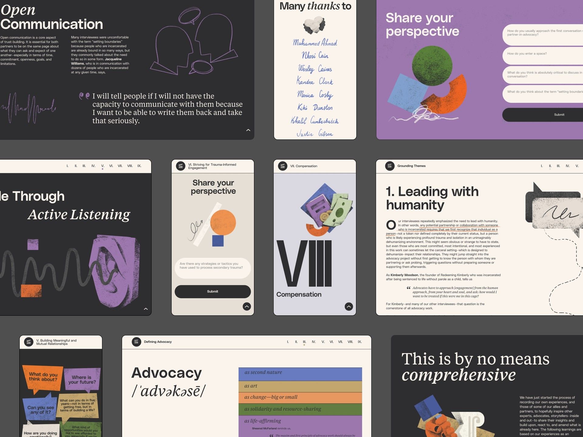 The design features a clean, modern, and somewhat organic visual language with soft gradients and illustrative icons. It uses ample white space to separate distinct sections, creating a professional yet approachable feel suitable for educational or service-based content.