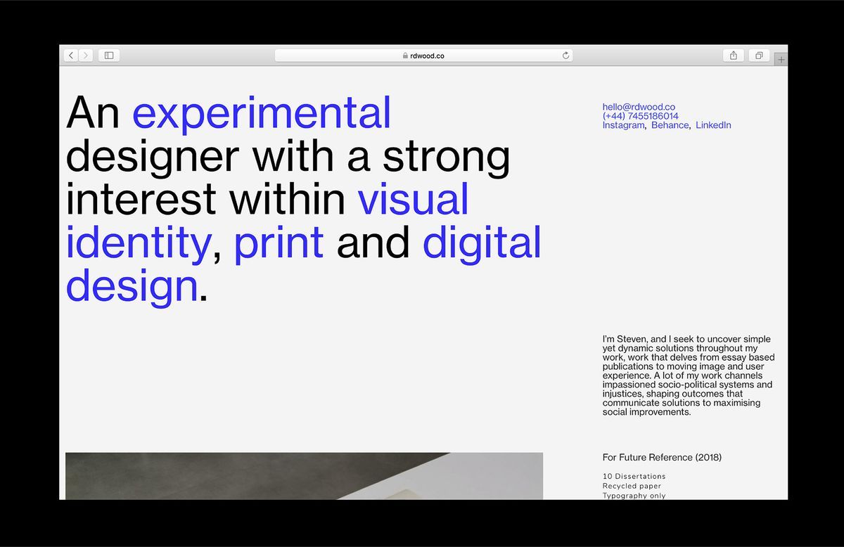 A minimalist portfolio or personal website featuring clean typography and a restrained color palette. The design emphasizes readability and conceptual clarity through strategic use of blue accent text and geometric elements, reflecting a contemporary approach to digital design.