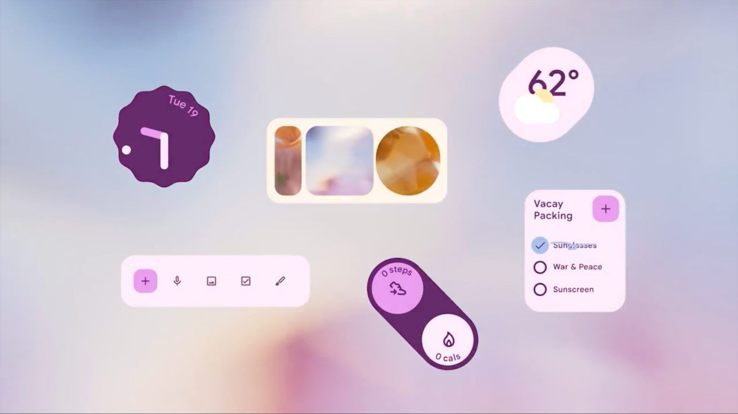 The image presents a clean, minimalist interface design characterized by soft pastel gradients and rounded elements. It utilizes a light, airy aesthetic with clear iconography to convey information in a modern and approachable manner.