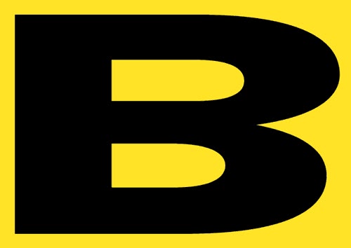 This is a stark, high-contrast graphic featuring a bold, sans-serif letter 'B' in solid black set against a vibrant, saturated yellow background. The design is minimalist and relies entirely on the strong juxtaposition of color and shape for immediate impact.