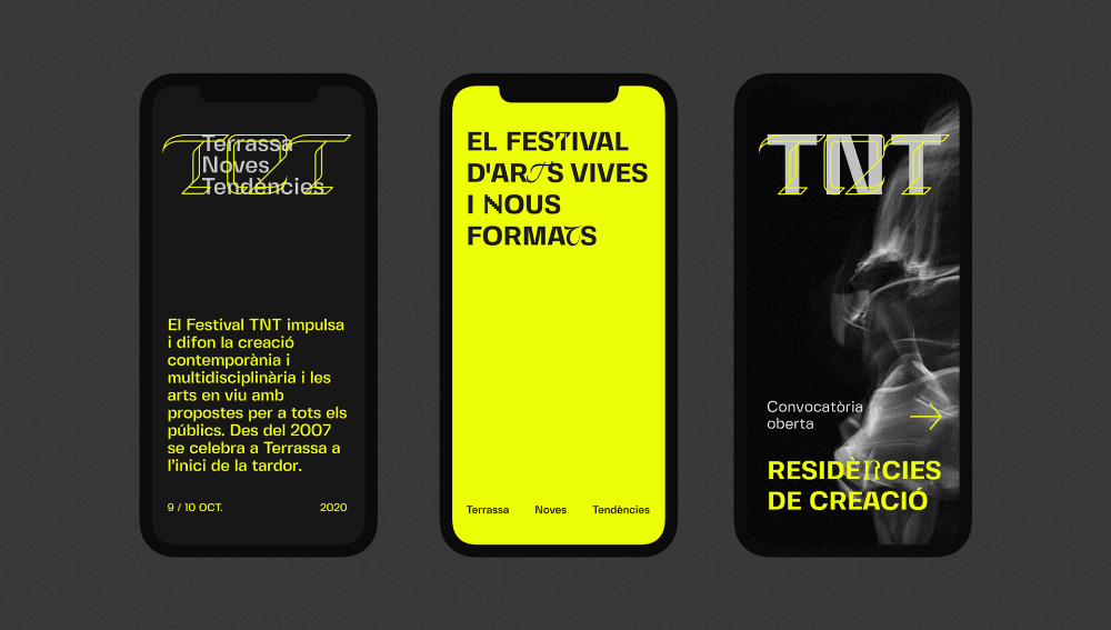 The image presents a clean, modern, and sophisticated visual identity for an arts festival or event. It uses high contrast between dark backgrounds and vibrant yellow accents to create a bold, contemporary, and professional aesthetic.