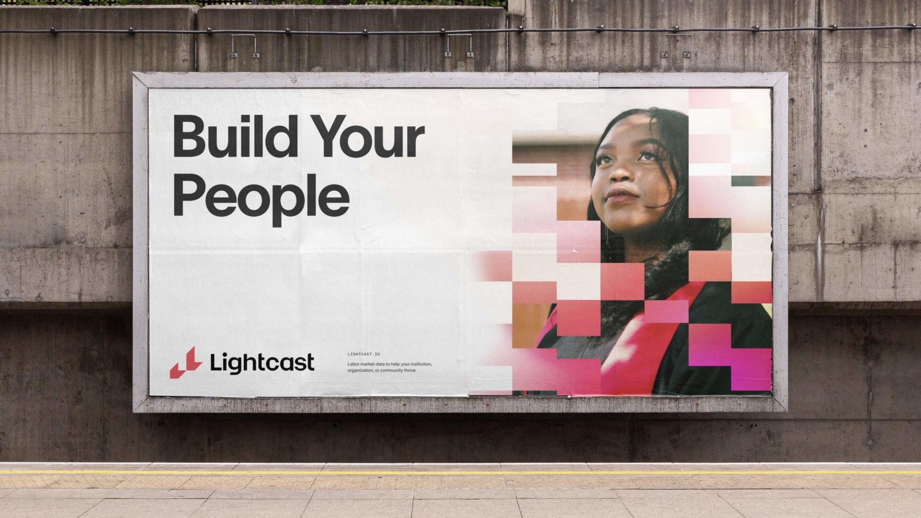 This design uses a stark, minimalist approach by juxtaposing clean typography with an abstract photographic portrait against a raw industrial background. The visual language is modern and conveys a sense of serious purpose regarding human capital or development.