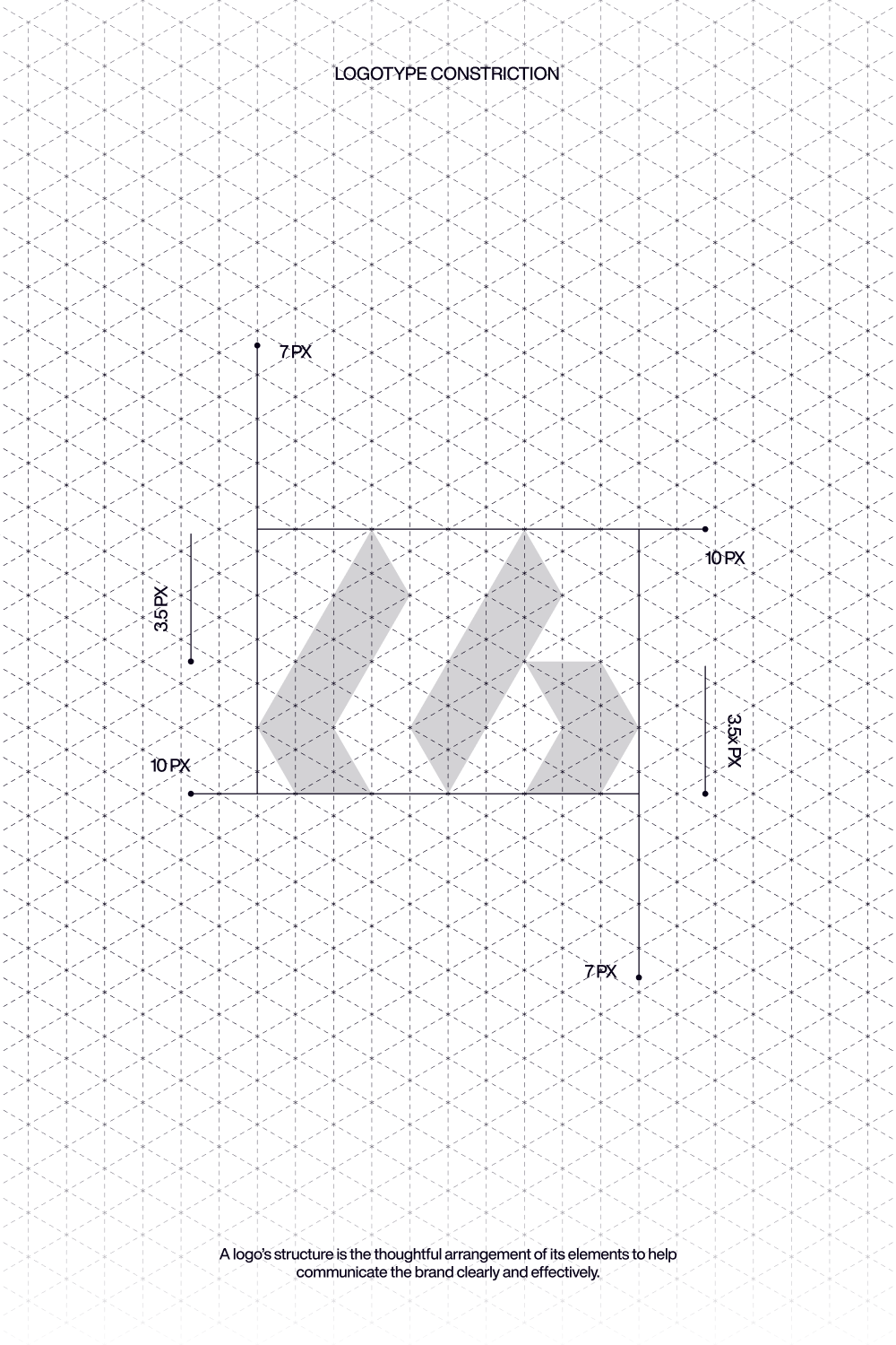 This image presents a technical or instructional diagram illustrating a 'logotype constriction' using a grid system. The design is highly structured, relying on precise measurements and geometric shapes to define boundaries and relationships between elements.