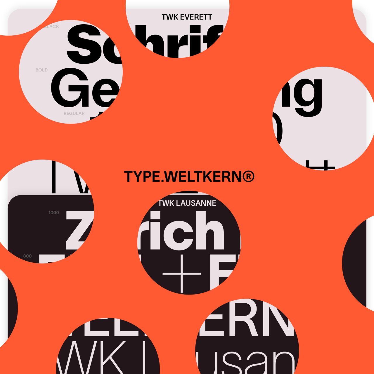 The image features a vibrant, high-contrast pattern utilizing bold, sans-serif typography set against a warm orange background. The design employs a modular, repeating layout that emphasizes clean lines and strong typographic hierarchy.
