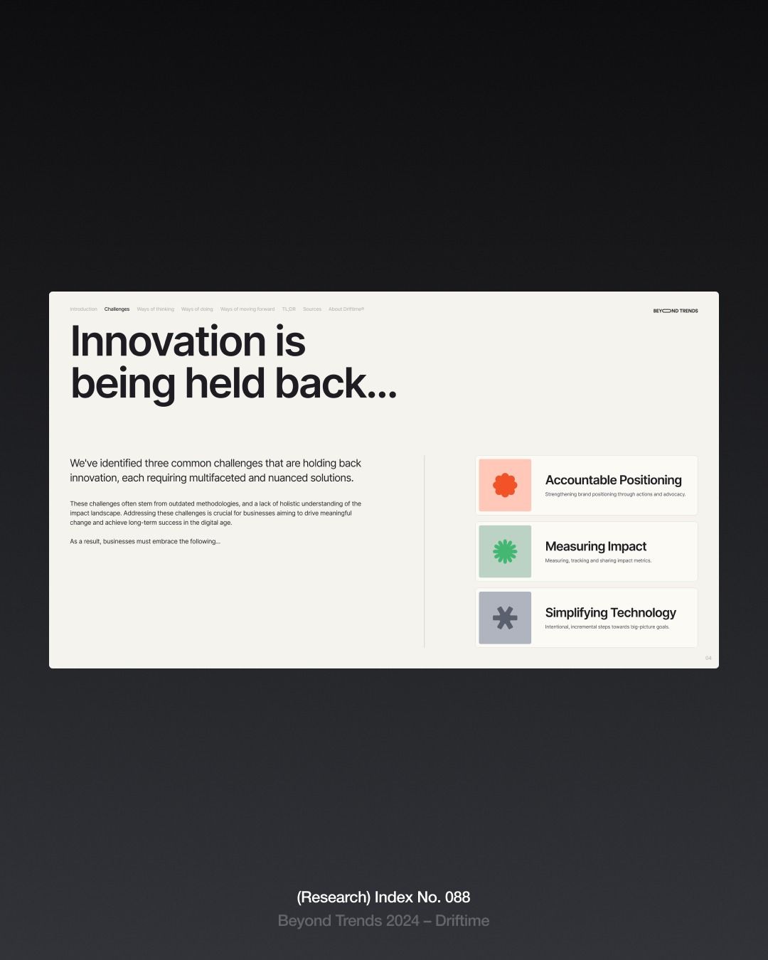 This design utilizes a sophisticated minimalist aesthetic with high contrast, employing a dark background to highlight white text and subtle accent colors. The visual language is clean, corporate, and highly structured, emphasizing clarity and serious academic or business research.