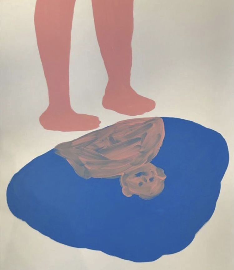 A minimalist illustration featuring simplified human legs in muted rose tones standing above an abstracted blue form containing a delicate turtle rendered in warm earth tones. The composition employs a flat, contemporary aesthetic with soft organic shapes and a restrained color palette that creates a contemplative, almost surreal relationship between figure and nature.