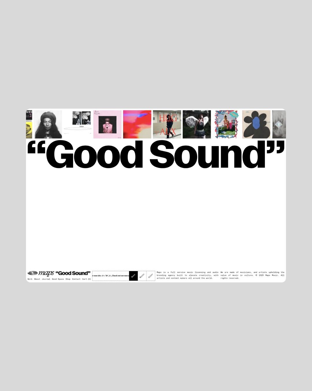 The image presents a minimalist, text-focused design featuring the phrase "Good Sound" overlaid on a collage of small photographic elements. The composition is stark, relying heavily on negative space to draw attention to the central text and the surrounding visual texture.