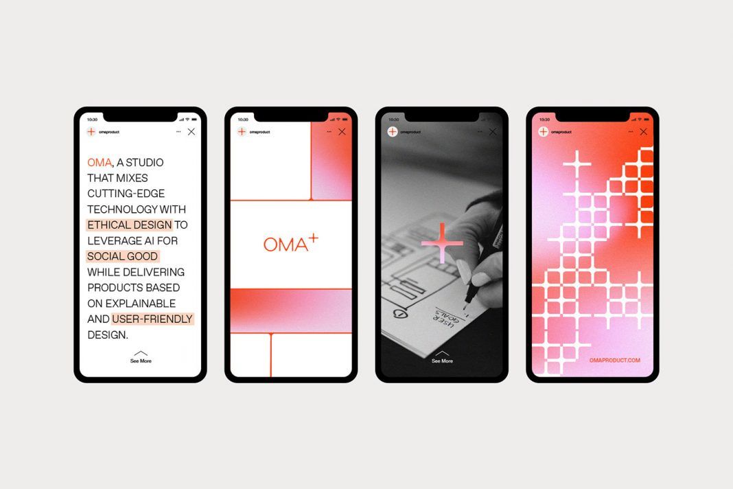 This set of mockups showcases a modern, clean interface design characterized by a high-contrast color palette. The visual language relies on subtle geometric patterns and a vibrant pink accent to create a professional and futuristic digital experience.