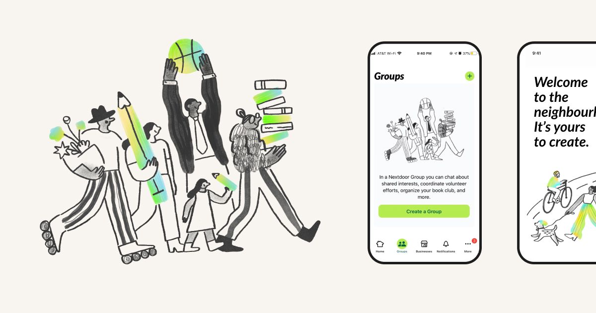 This visual presents a juxtaposition between expressive, hand-drawn line art depicting collaboration and a clean, modern mobile user interface mockup. The design effectively communicates themes of community, teamwork, and digital grouping through contrasting visual styles.