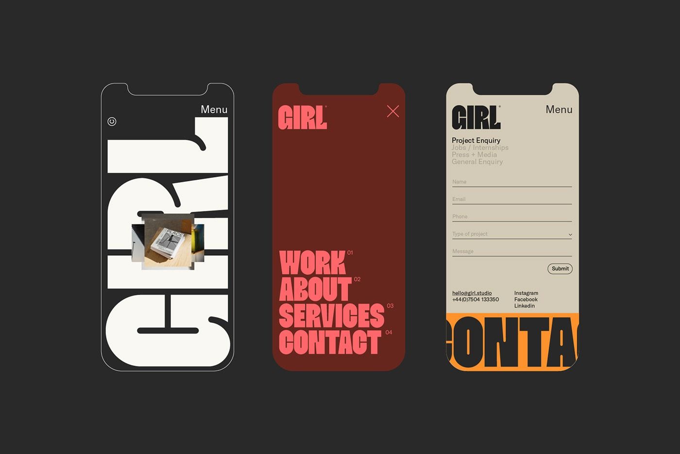 This design showcases a clean, modern aesthetic relying heavily on high contrast between dark and light elements. The visual language is minimalist, utilizing strong typography and simple geometric shapes to create a structured and professional feel.