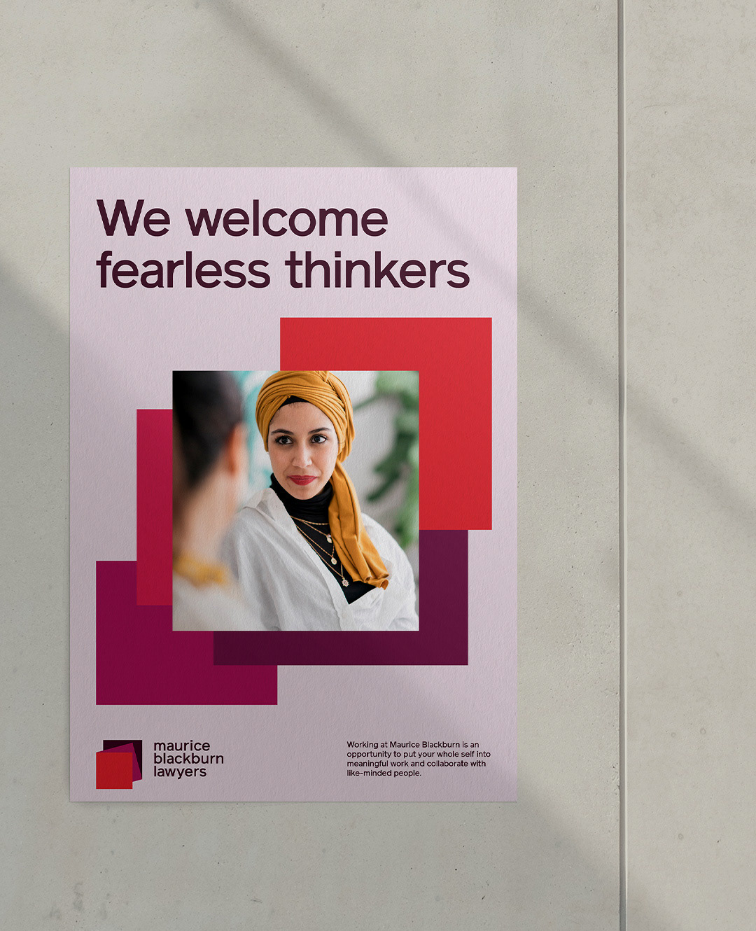 The design is clean, modern, and professional, utilizing a limited color palette with geometric shapes to create visual interest. The layout is balanced, featuring clear typography and a central photographic element against a soft pink background.