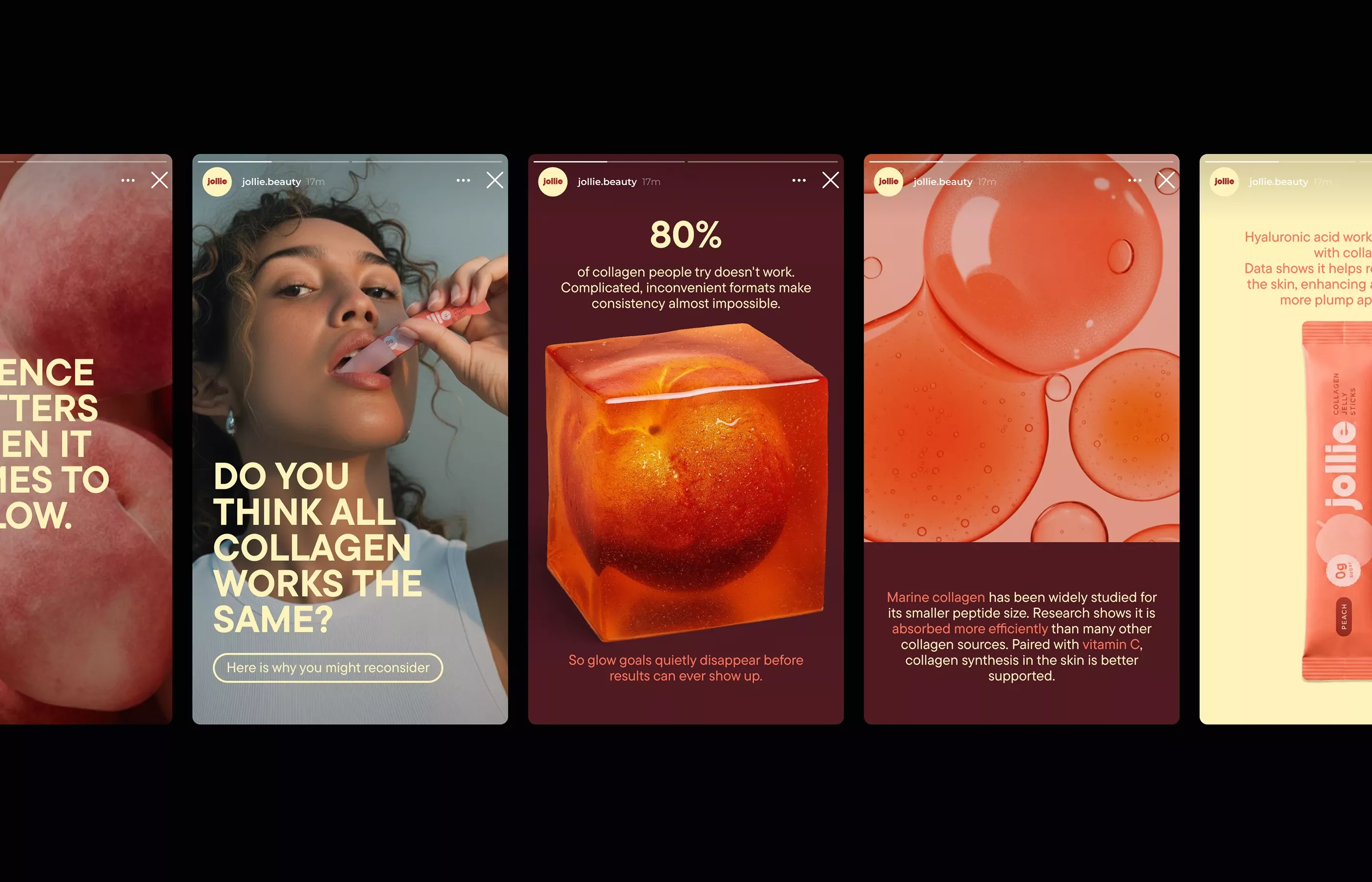 This is a series of product or ingredient focused advertisements, characterized by a clean, high-saturation aesthetic emphasizing natural ingredients and scientific claims. The visual language is direct and uses close-ups of the product/concept against a muted, professional background.