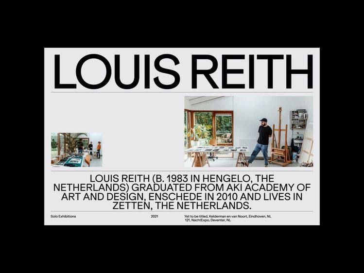 A minimalist biographical poster featuring bold sans-serif typography and documentary photography. The design employs a clean grid layout with stark black and white contrast, presenting factual information about artist Louis Reith in a contemporary gallery or institutional style.