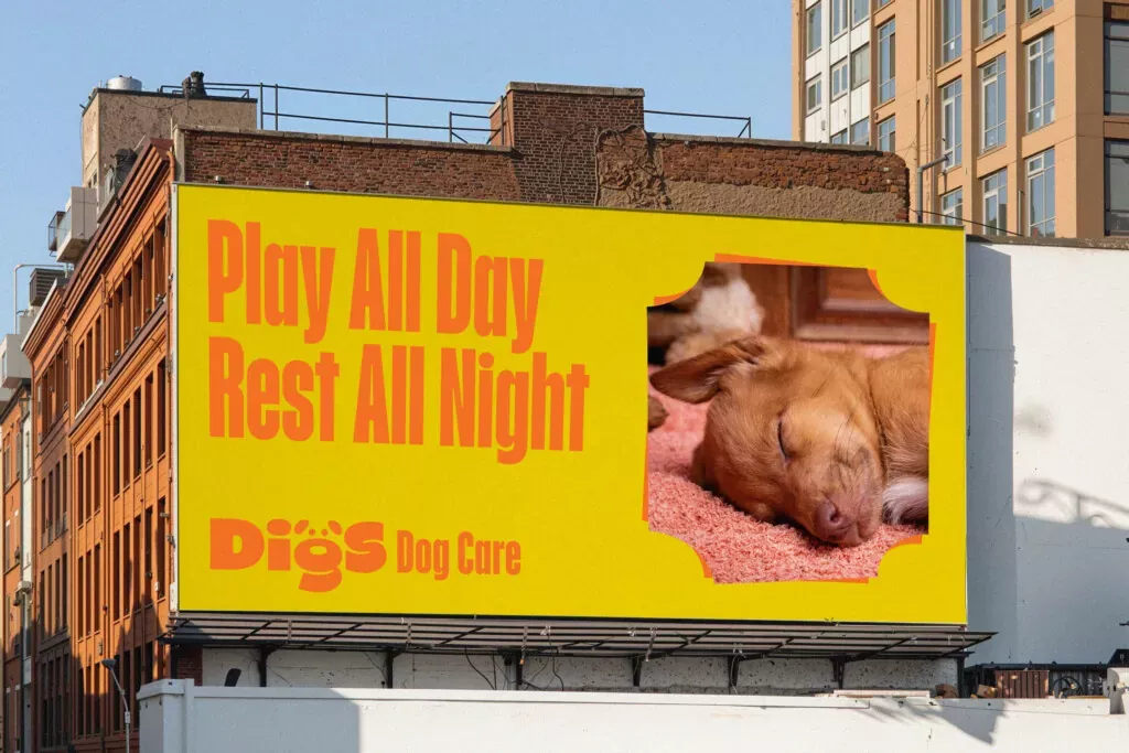 This is a high-contrast commercial design utilizing a vibrant yellow background to immediately capture attention. The visual language is direct and friendly, pairing clear text with an emotive image of a sleeping dog to convey a message of care and rest.