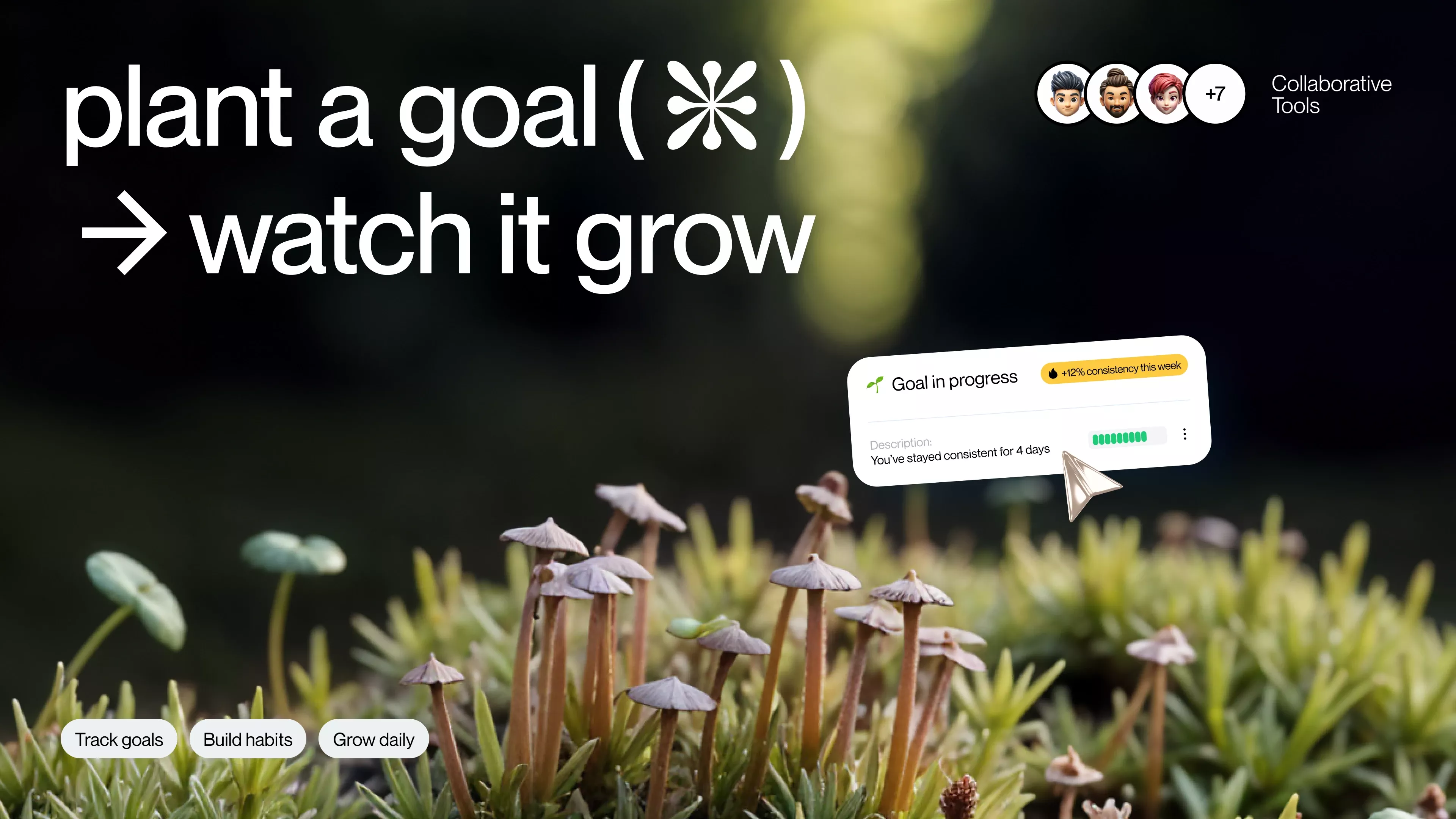 This graphic uses a clean, minimalist design with an organic visual metaphor to promote goal setting and consistent growth. The layout is modern and hierarchical, clearly guiding the viewer from the concept to the resulting action, creating a sense of calm productivity.