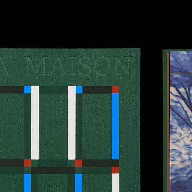 This image presents a structured, grid-based design featuring a muted olive green background with stark white and bright blue linear elements. The composition is highly geometric, suggesting a technical diagram or a patterned textile design with a modern, minimalist aesthetic.