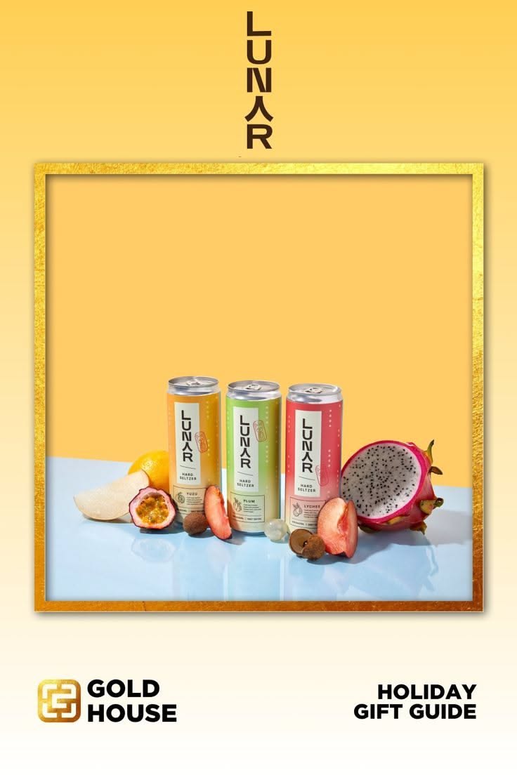 This design blends luxurious gold framing with natural elements, creating an elegant and inviting visual for a product showcase. The composition is clean and well-balanced, highlighting the freshness of the produce against muted background tones.