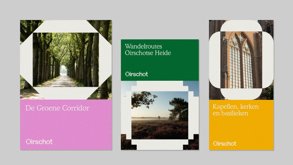 The image presents a clean, modular grid design showcasing different thematic routes or locations. It uses strong geometric framing (hexagons/squares) to isolate photographic elements, creating a structured yet evocative visual narrative.