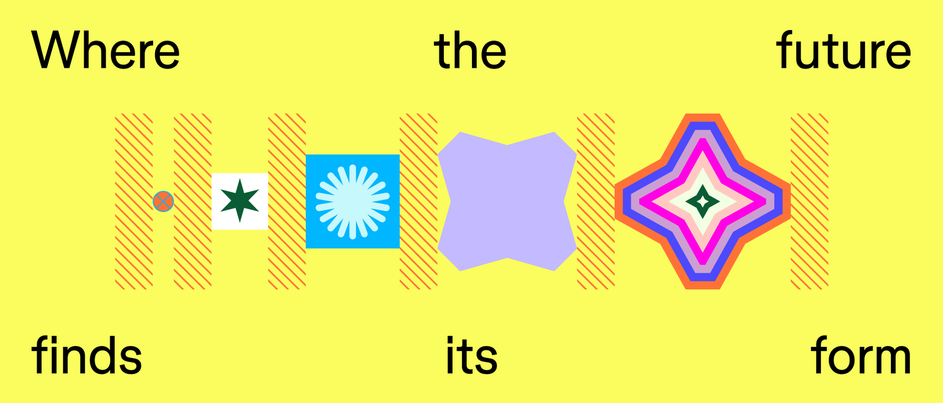 This design employs a playful, conceptual visual language to illustrate the relationship between abstract words. It uses simple geometric shapes and vibrant colors to create an engaging and optimistic narrative about finding the future.