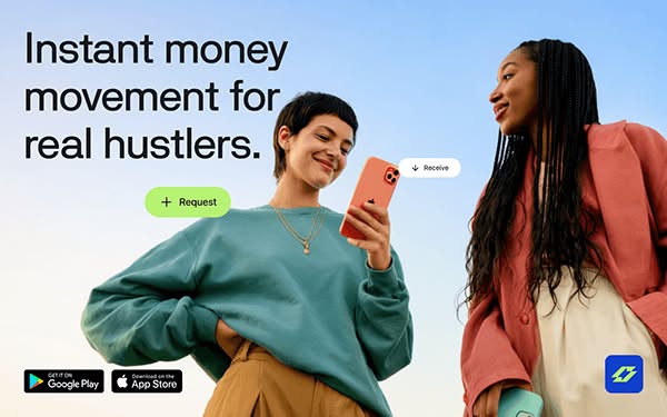 The image is a clean, bright promotional graphic featuring two young adults interacting with a mobile device, conveying a sense of modern financial empowerment and hustle culture. The design uses soft lighting and a minimalist layout to focus attention on the product and the positive interaction.