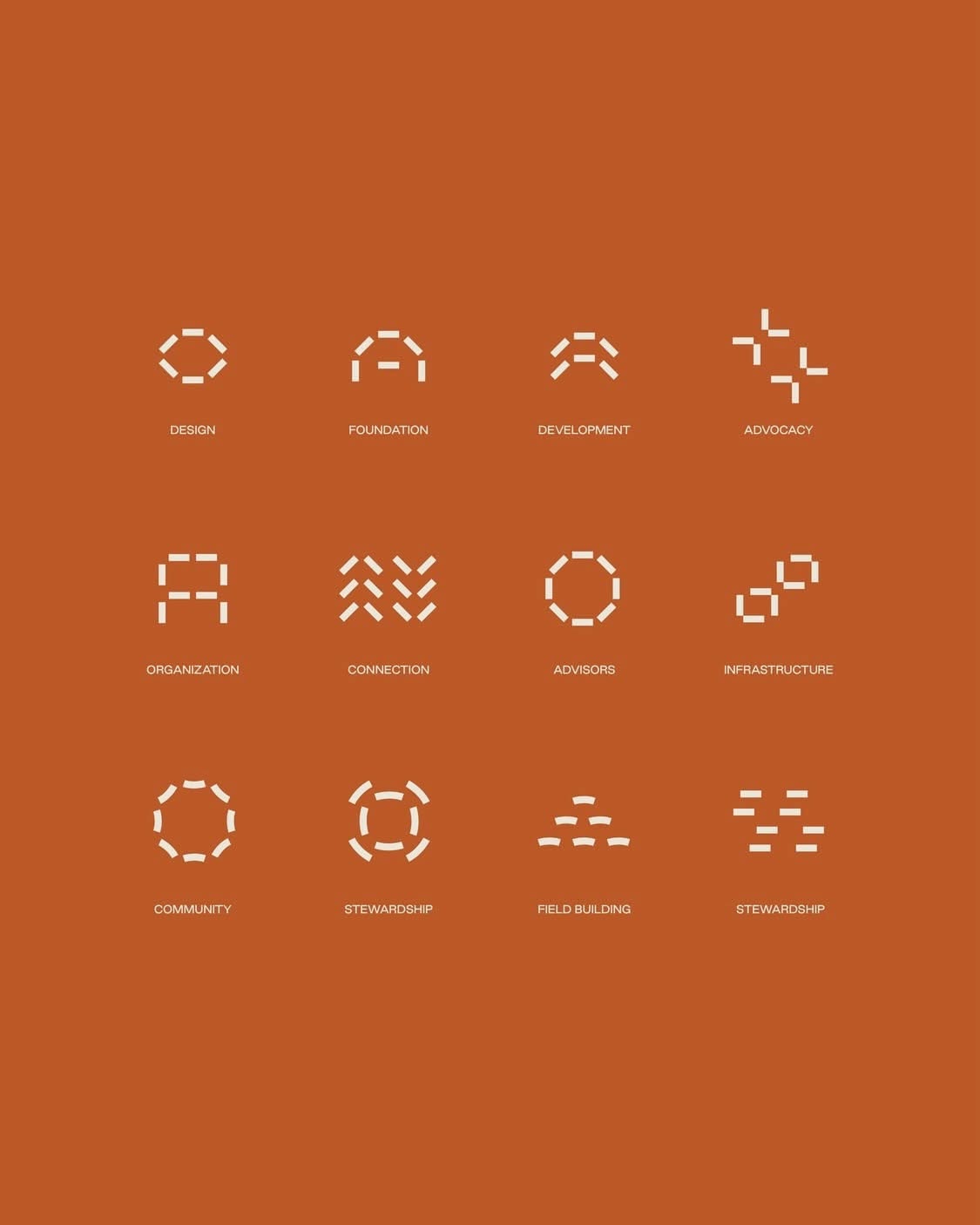 The image presents a clean, minimalist set of monochrome icons arranged in a grid against a warm, earthy orange background. The visual language is modern and symbolic, relying on simple line art to represent abstract concepts.