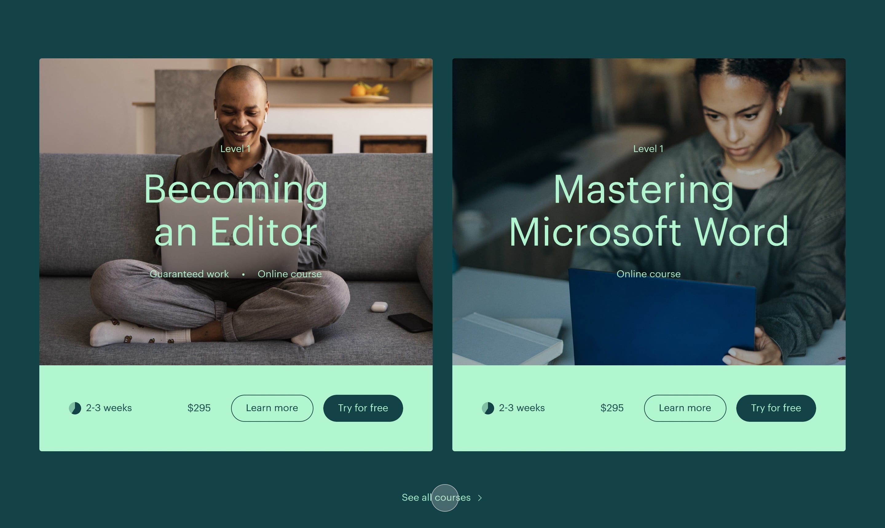 The design utilizes a sophisticated, minimalist aesthetic grounded by deep, calming greens and neutral grays. The visual language is clean and professional, relying on high-quality lifestyle photography to connect the service with the user's aspiration. The overall feel is trustworthy, organized, and highly focused on professional growth.