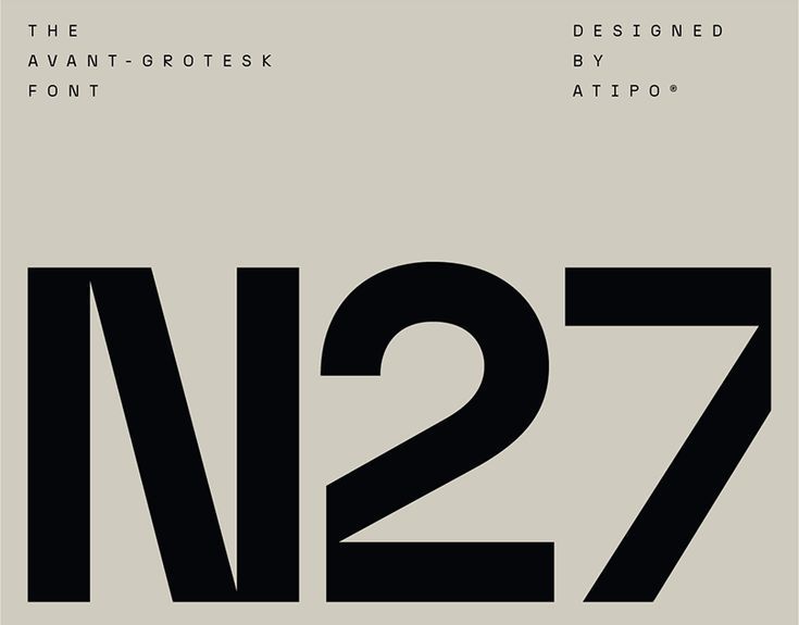 A minimalist typographic specimen showcasing the Avant-Grotesk font family with bold, geometric letterforms displayed prominently against a neutral background. The design exemplifies modernist principles through its clean hierarchy, generous whitespace, and focus on letterform clarity. The layout presents both metadata and a large-scale numeral demonstration in a restrained, professional manner.