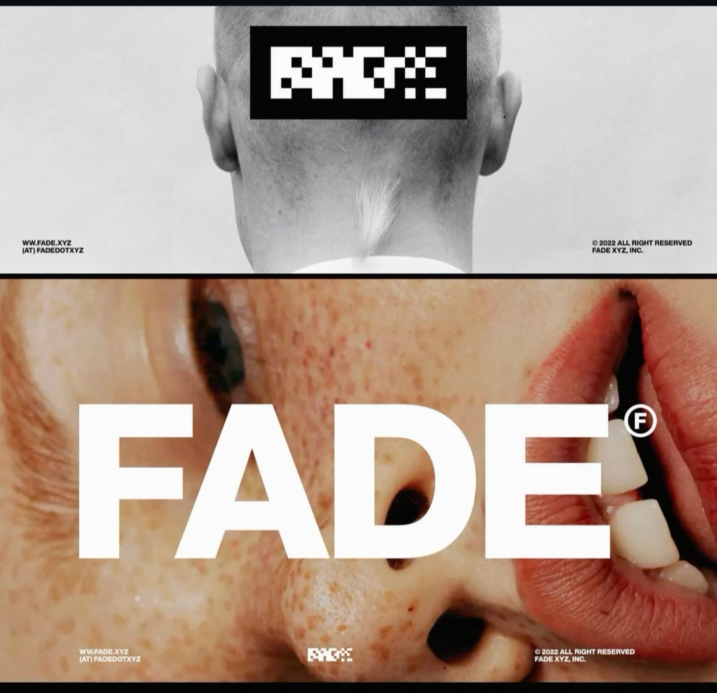 This is a stark, high-contrast visual identity featuring minimalist typography and close-up photographic elements. The design relies heavily on negative space and a monochromatic palette to convey a modern, perhaps edgy or high-fashion aesthetic.