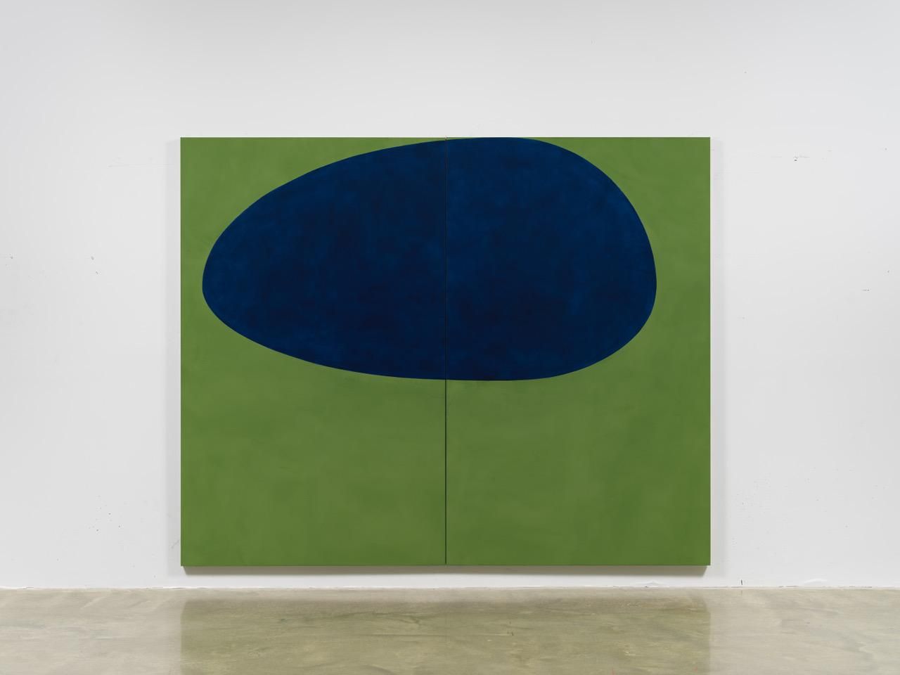 This artwork utilizes a striking contrast between a deep, saturated blue form and a muted olive green field to create a balanced yet dramatic composition. The visual language relies on simple geometric shapes and flat color fields, emphasizing form and negative space over detailed rendering. The overall feel is serene, modern, and deeply contemplative.