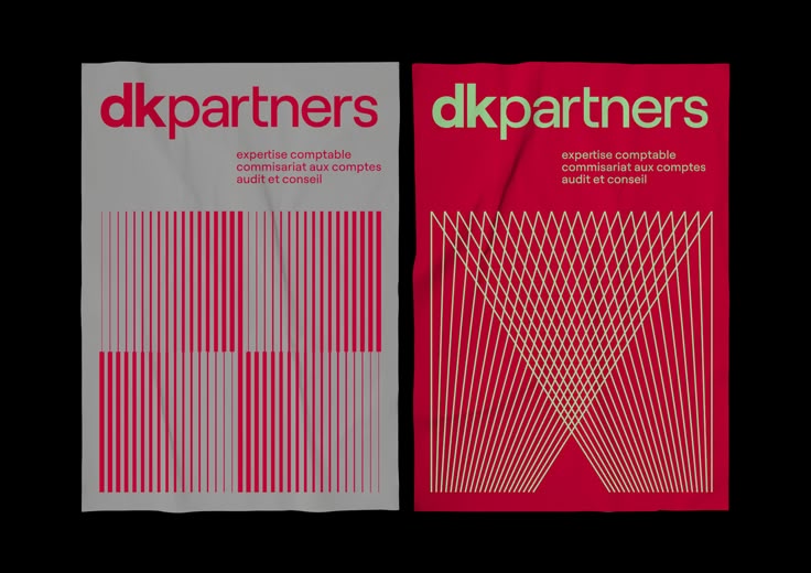 This design utilizes a strong contrast between clean geometric lines and bold color blocking to establish a modern, professional brand identity. The visual language is structured and precise, using stripes and intersecting lines to create dynamic yet organized patterns.