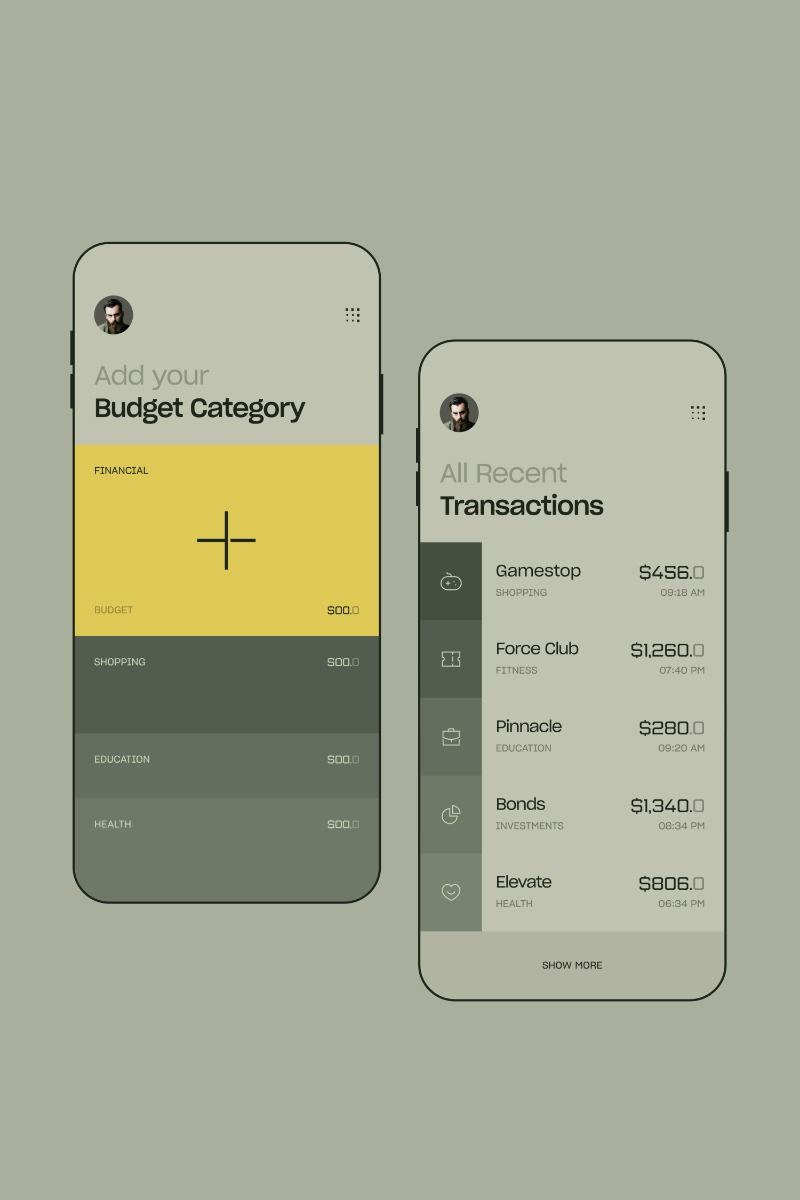 The image displays a clean, minimalist mobile application interface focused on budget categorization and transaction tracking. The design utilizes a muted, monochromatic palette with subtle use of yellow/gold for emphasis, conveying a sense of modern functionality and straightforward financial management.