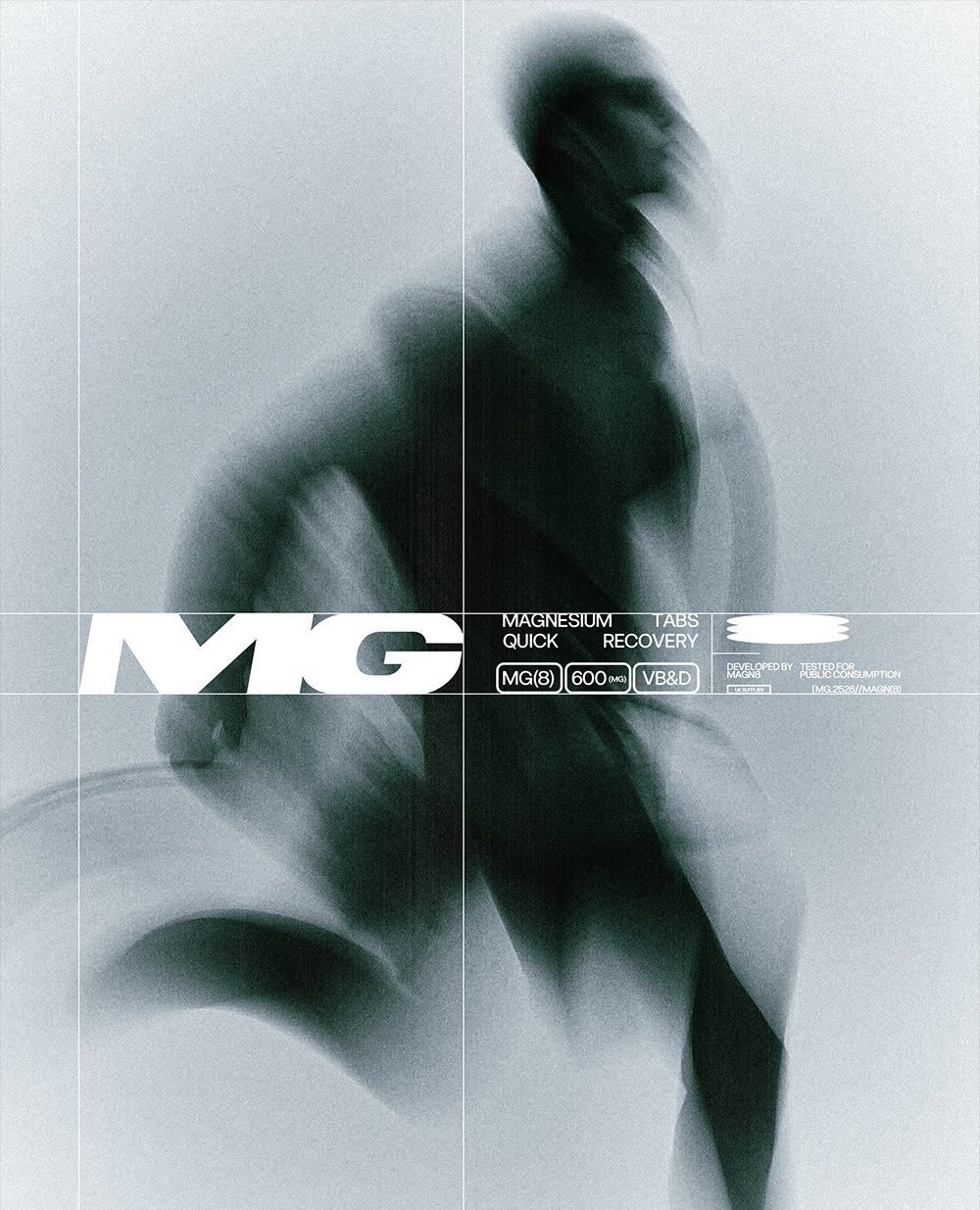 This is a high-contrast, monochromatic design featuring a dynamic, blurred silhouette overlaid with subtle grid lines. The visual language emphasizes speed, strength, and modern clinical precision through strong shadows and negative space.