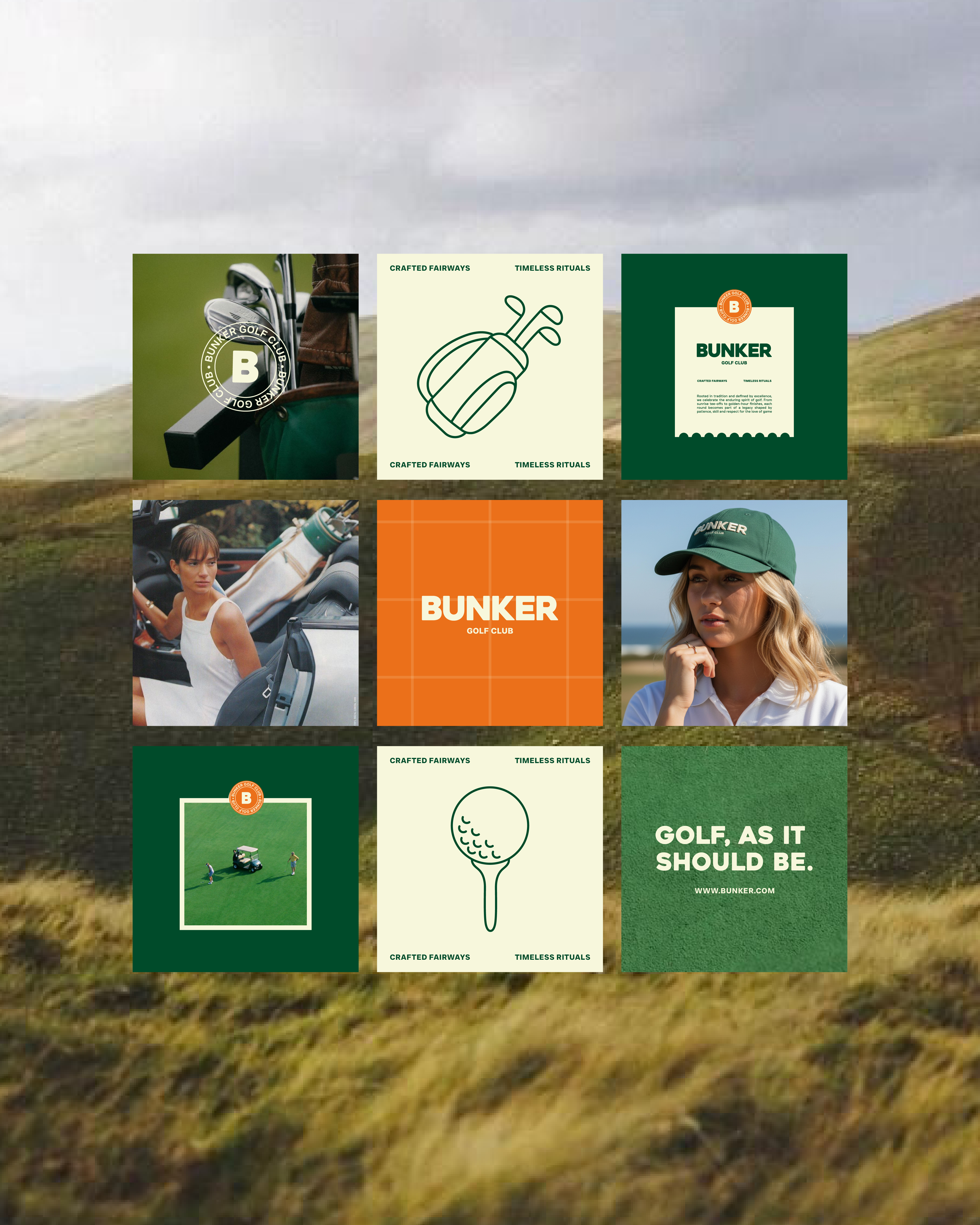 The image presents a grid layout of branded visual assets, likely for a golf-related product or service. The design is clean, modern, and utilizes a limited color palette dominated by deep greens and muted earth tones, conveying a sense of premium quality and natural elements.