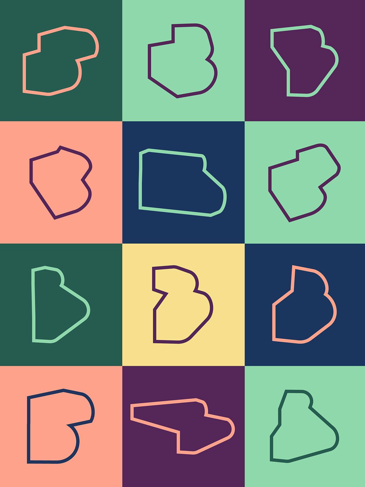 This image is a grid of abstract, simplified shapes, likely representing map outlines or icons, presented in a structured, modular format. The design relies heavily on color blocking and subtle variations in line weight and hue to create visual interest within a constrained grid.