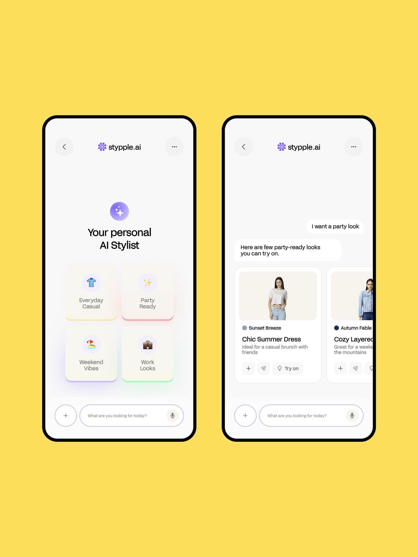 The image displays a clean, minimalist mobile application interface for an AI stylist service. It uses ample white space and subtle color accents to create a modern, professional, and user-friendly aesthetic.
