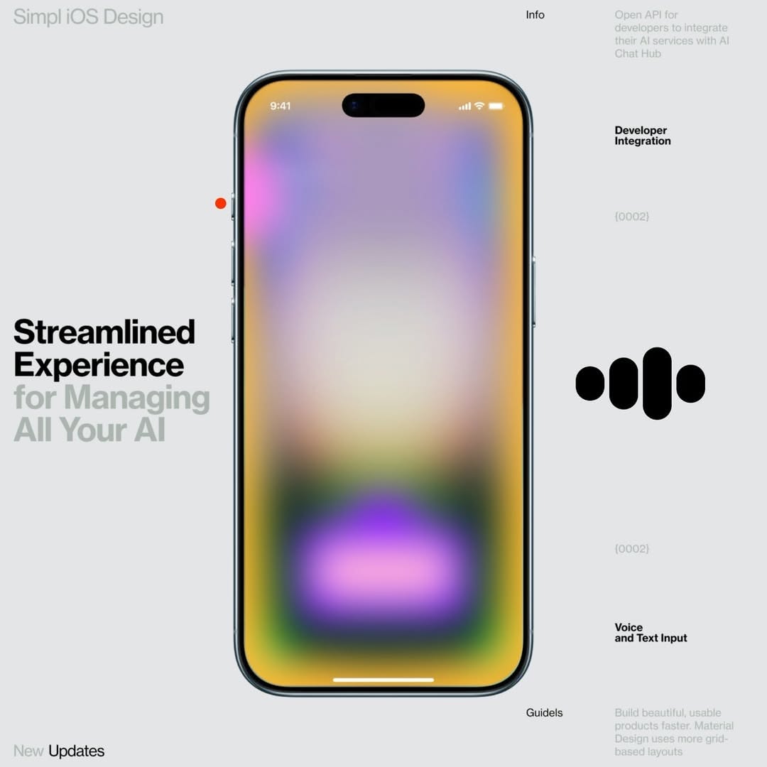 A modern iOS design mockup showcasing a streamlined AI management interface with a vibrant gradient background. The composition features a smartphone display with soft, blurred color transitions and minimalist UI elements, emphasizing a clean, contemporary digital aesthetic.