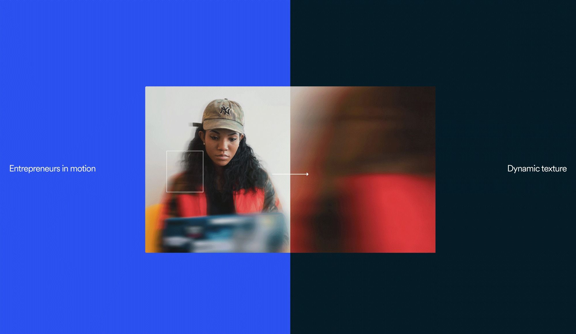 This design utilizes a stark, impactful split composition, contrasting cool blues with warm skin tones and dramatic reds to convey movement and professionalism. The visual language is modern and cinematic, effectively using light and shadow gradients to draw attention to the central subject.