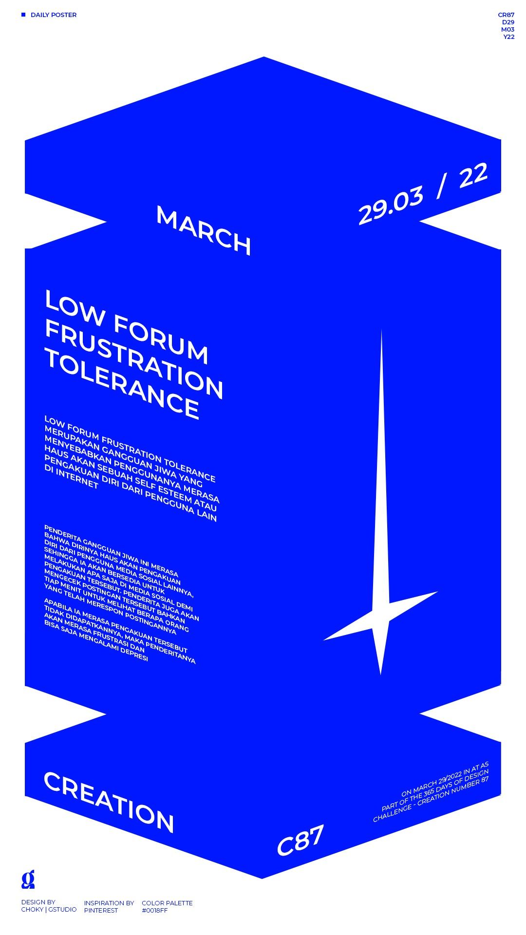 A bold, modernist poster design featuring a striking isometric 3D box structure in vibrant electric blue with white typography and geometric accents. The layout uses dynamic angular planes and negative space to create depth and visual movement, embodying contemporary design principles with a minimalist approach.