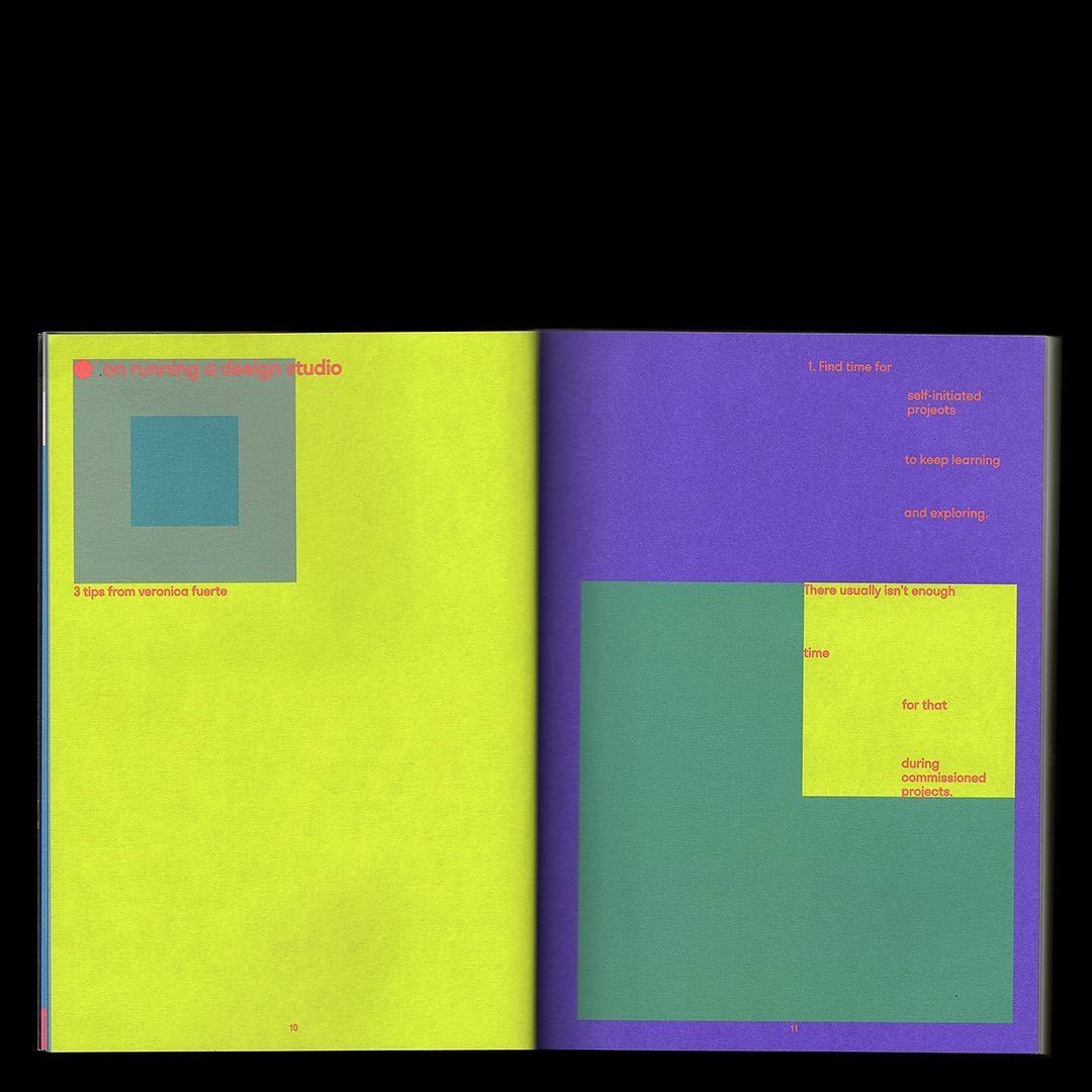 This spread utilizes a clean, high-contrast design employing bold color blocking to separate content. The visual language is modern and structured, balancing solid blocks of color with clear textual hierarchy to guide the reader. The overall feel is professional and focused, suggesting an educational or self-help publication.