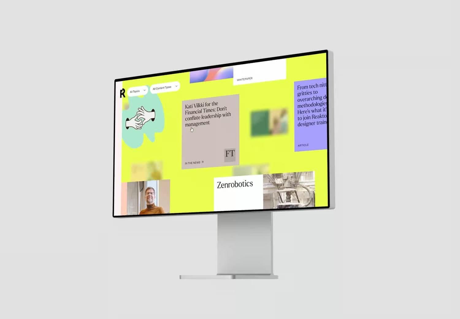 The image displays a brightly lit, modern digital interface, likely a news or financial article on a large monitor. The design is clean and professional, utilizing ample white space and distinct color blocks to organize information effectively.