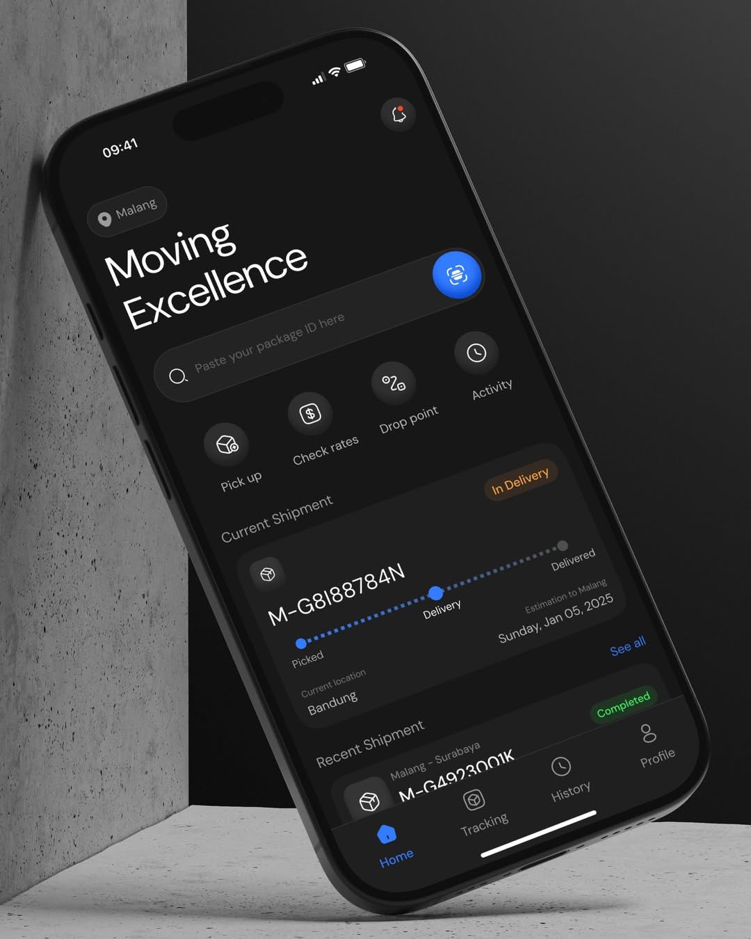 The image displays a modern, dark-themed mobile application interface, characterized by clean lines and high contrast elements. The design emphasizes functionality through clear iconography and organized information hierarchy, suggesting a professional logistics or delivery service.