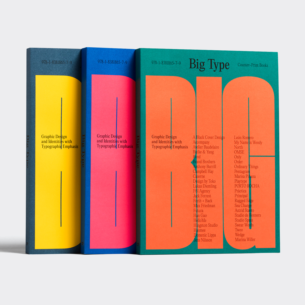 A vibrant, modernist book series design featuring bold geometric typography and a striking color-blocked aesthetic. The three volumes showcase a cohesive visual system with contrasting spines and coordinated front covers, exemplifying Swiss-style graphic design principles with contemporary flair.